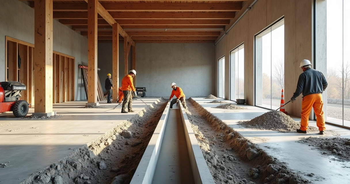 Wide view of a large garage under construction with workers forming a custom-poured concrete drain channel in the slab.
