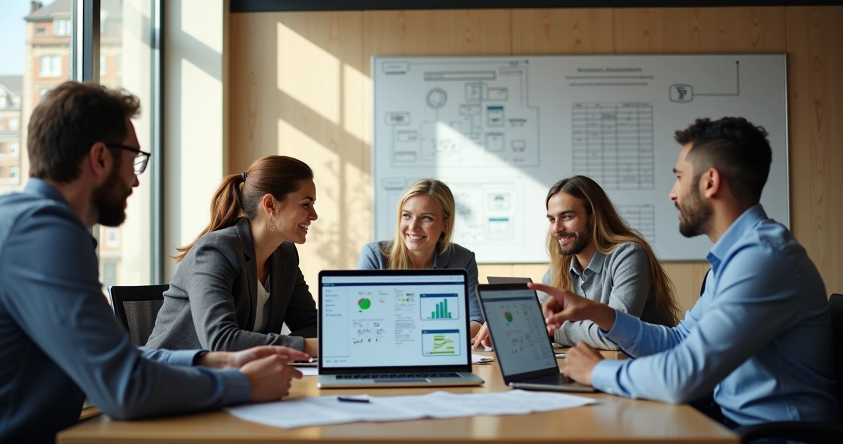 Team of business professionals at a meeting table discussing software architecture plans 
