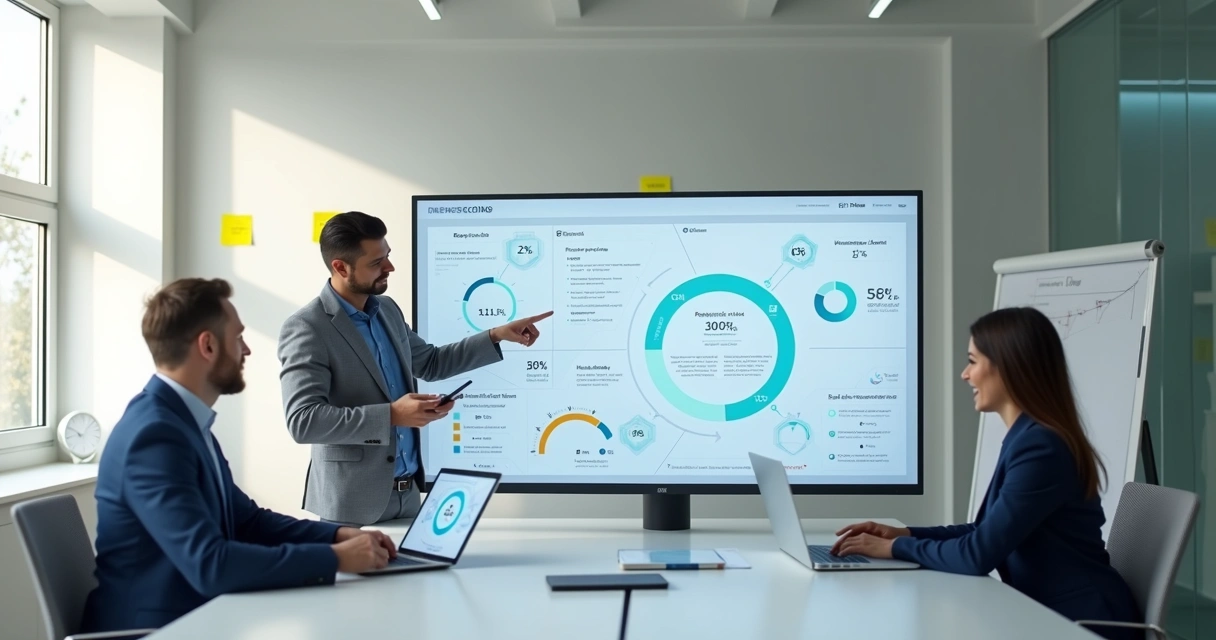 SME team reviewing a custom software dashboard on multiple screens in a modern office 