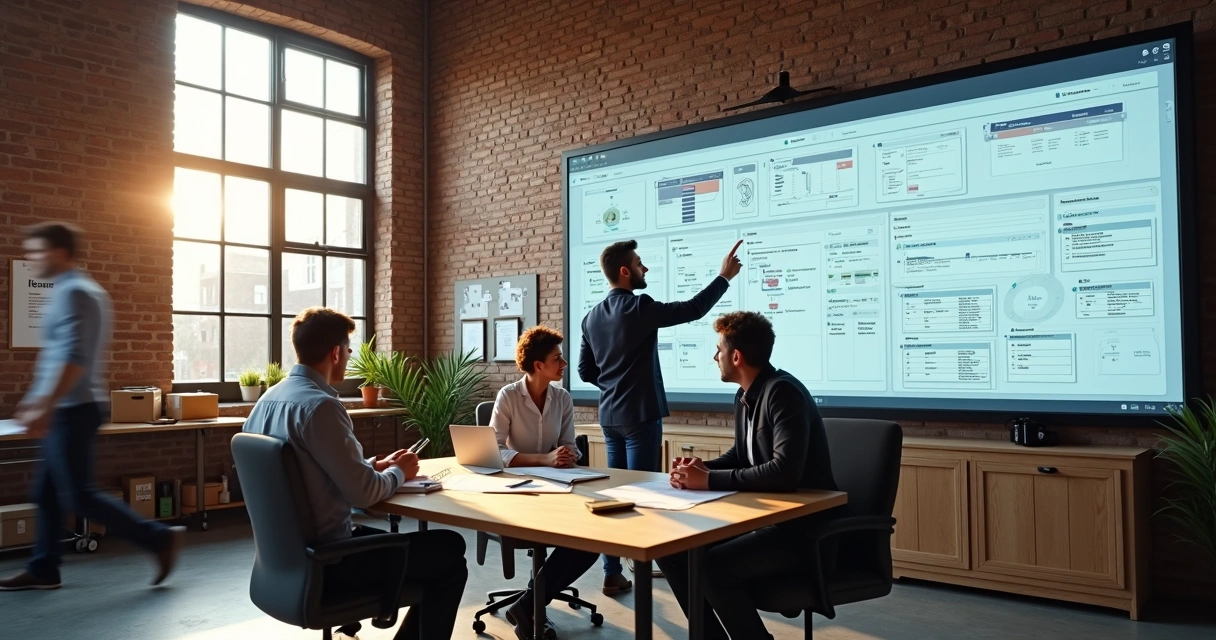 European SME team collaborating around a large custom software dashboard in a modern workshop office 