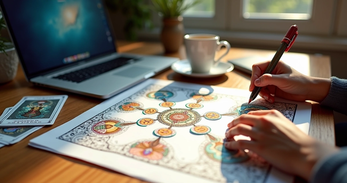 Person designing custom tarot spread on paper with colored pens 