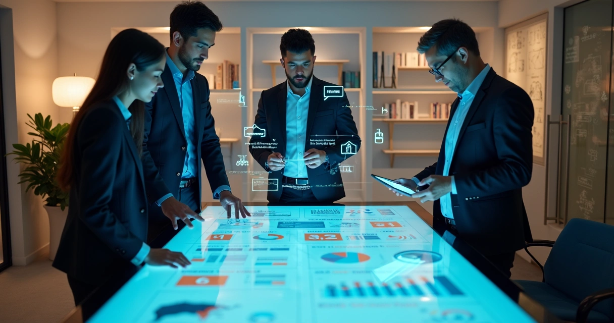 Diverse professionals collaborating on a digital US visa business plan dashboard 