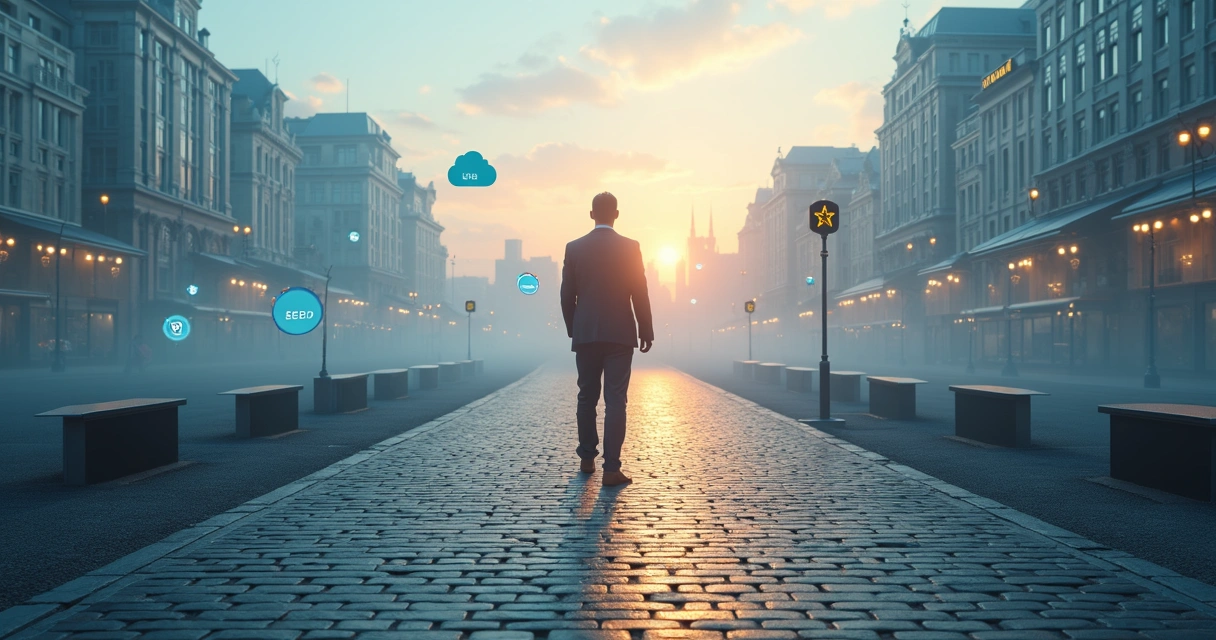 European SME owner standing at a crossroads between SaaS cloud and custom software cityscape 