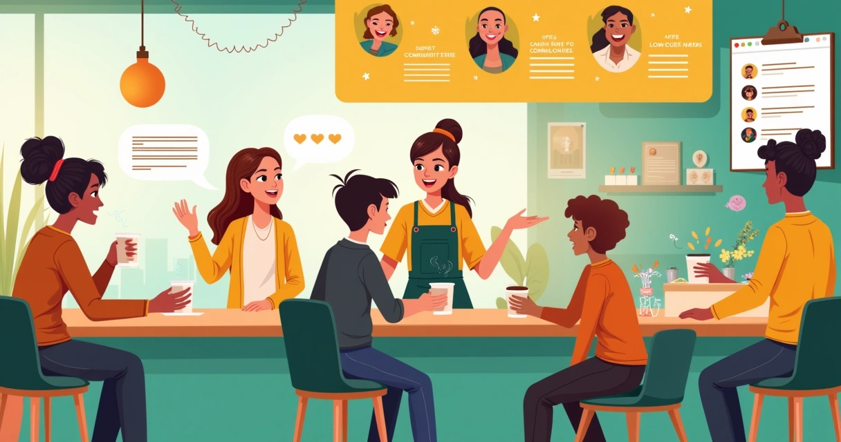 Group of diverse people engaging emotionally, giving feedback, and celebrating loyalty in a modern café.