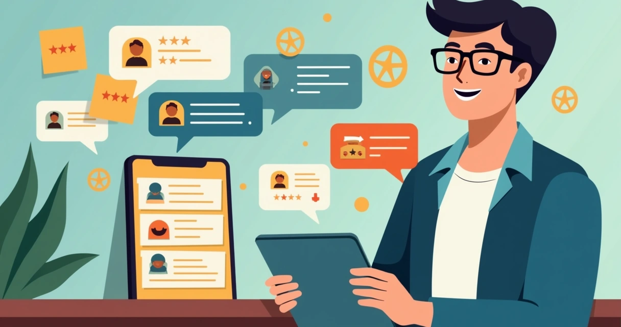 Customer providing feedback through surveys, social media, and reviews, with symbols of engagement and improvement.