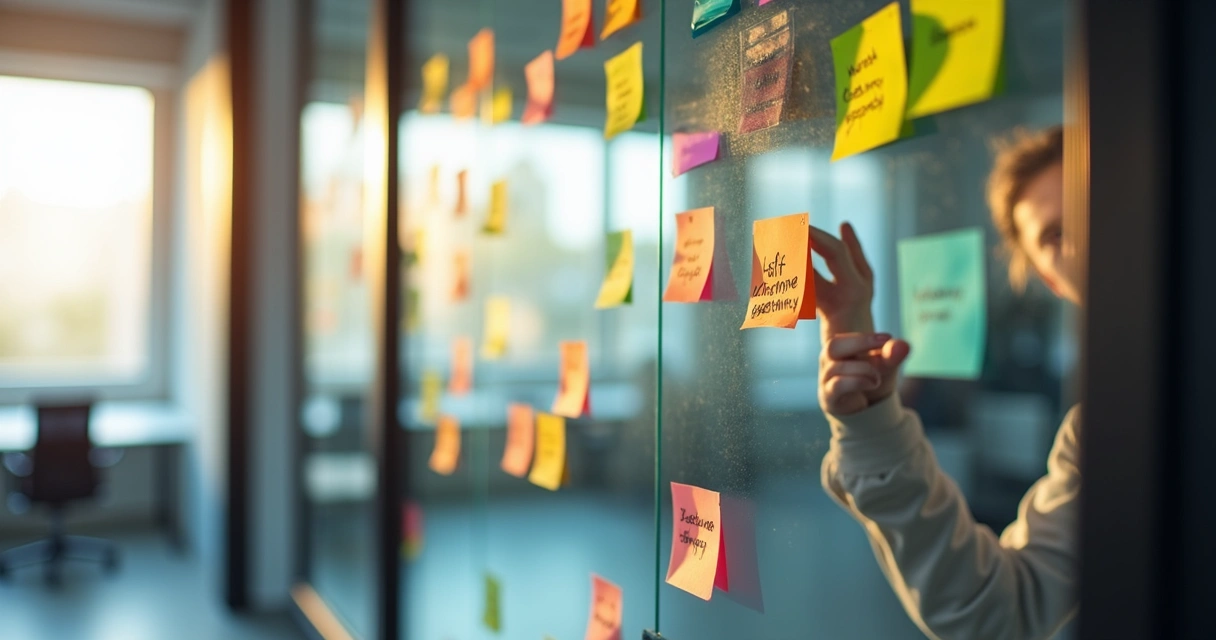 Detailed customer journey mapping on glass board 