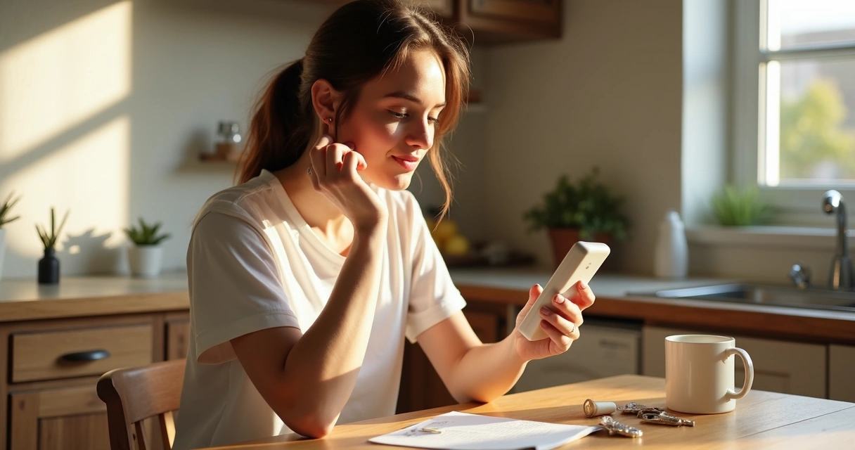 Person holding and reviewing a product with phone camera on a home table