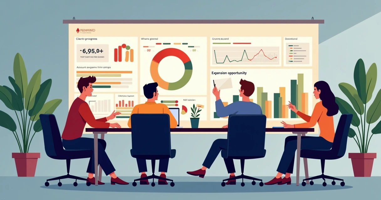 Team conducting account review with customer progress charts 