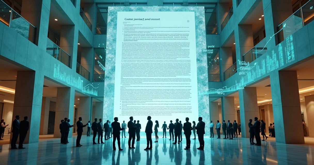Executivos em contrato gigante sustentado por correntes digitais com gráficos de retenção 