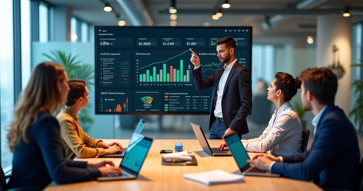 Equipe de customer success analisando painel de dados em grande tela digital 