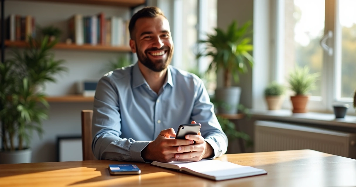 Happy client receiving credit card customer support 