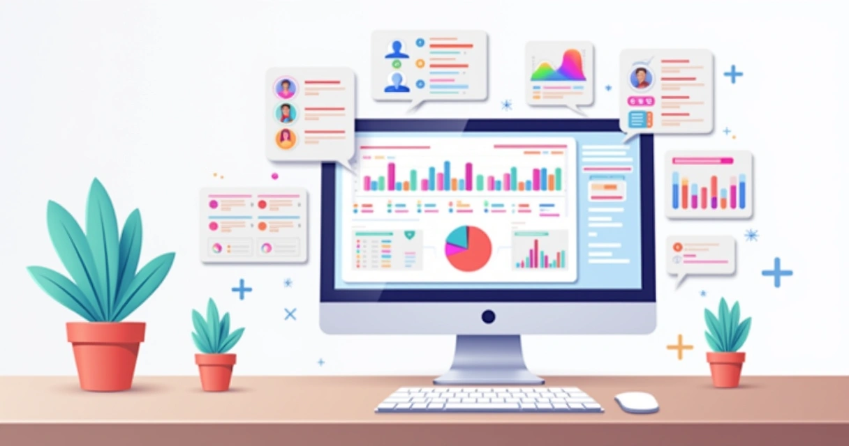 Customizable CRM dashboard with graphs, reminders, and tags in a modern office setting.