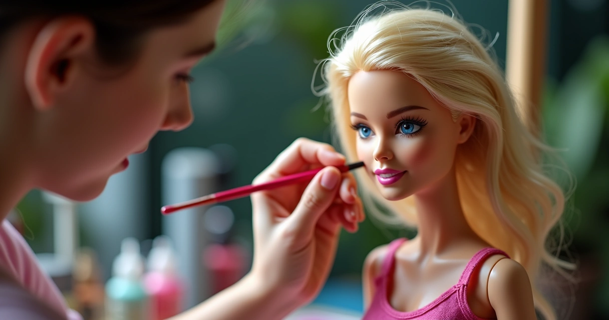 Artista customizando rosto de uma Barbie com pincel em ateliê artesanal 