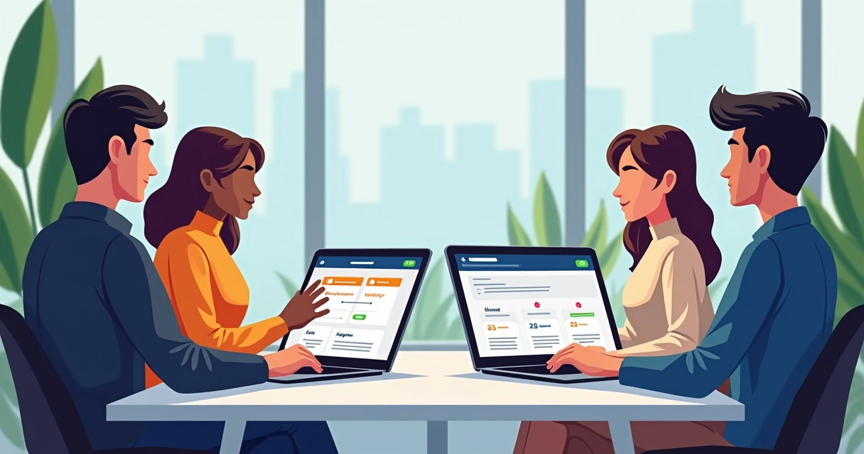 Colaboradores mexendo em notebooks customizados 