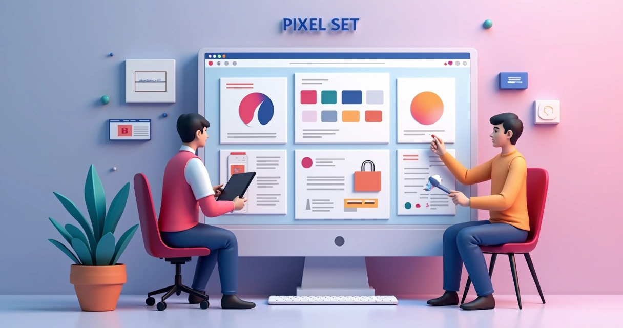 Representação 3D de um designer trabalhando na personalização de uma loja virtual com elementos de branding, layout colorido e interface responsiva no computador 