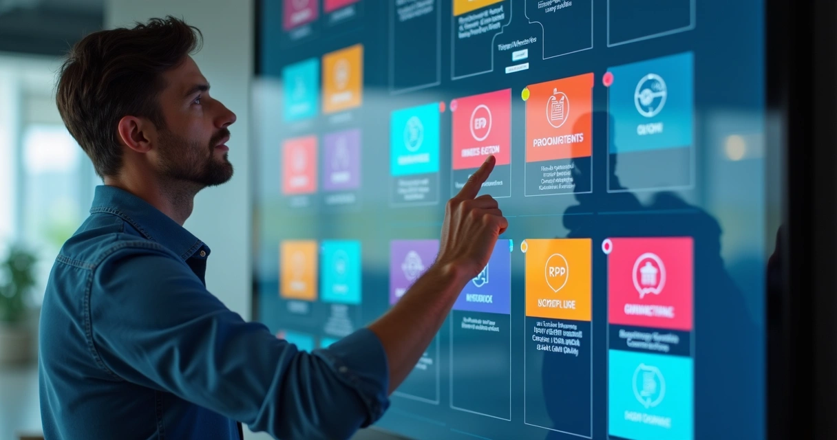 Gestor selecionando módulos em ERP personalizado 
