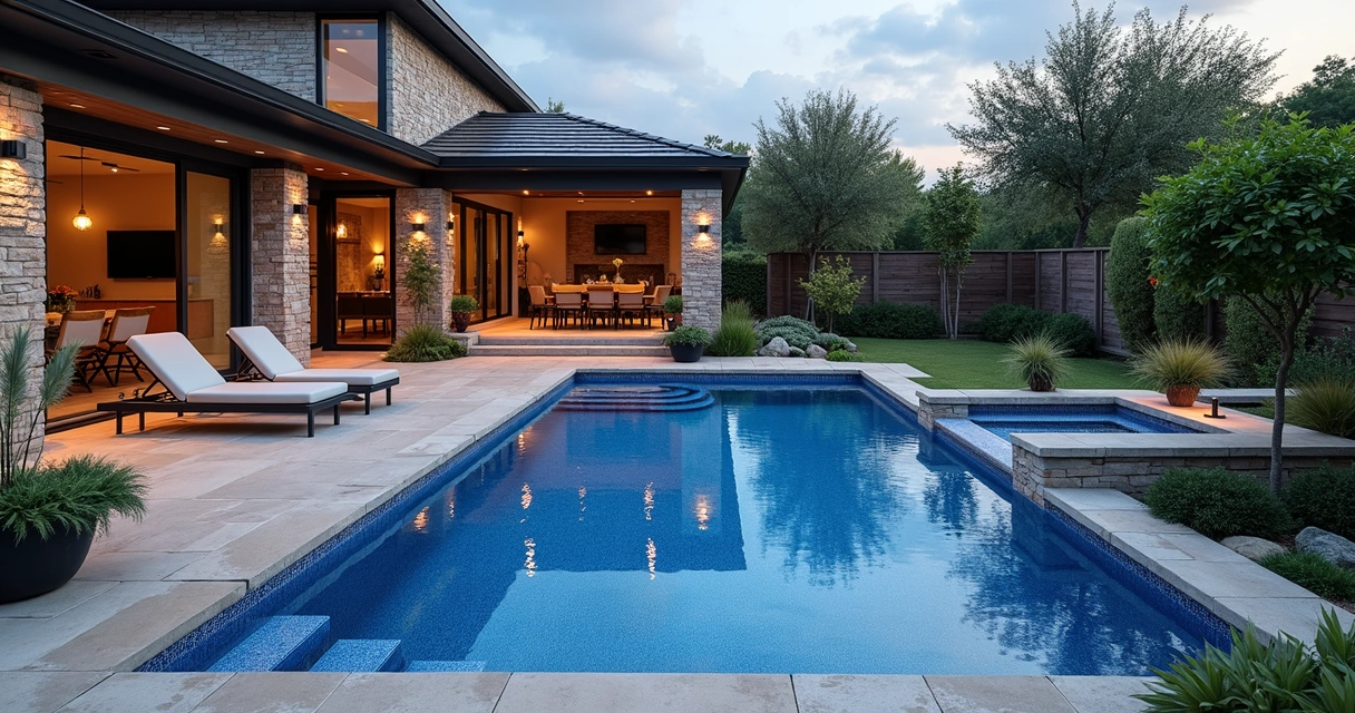 Modern Texas backyard pool with mosaic tiles and landscaping