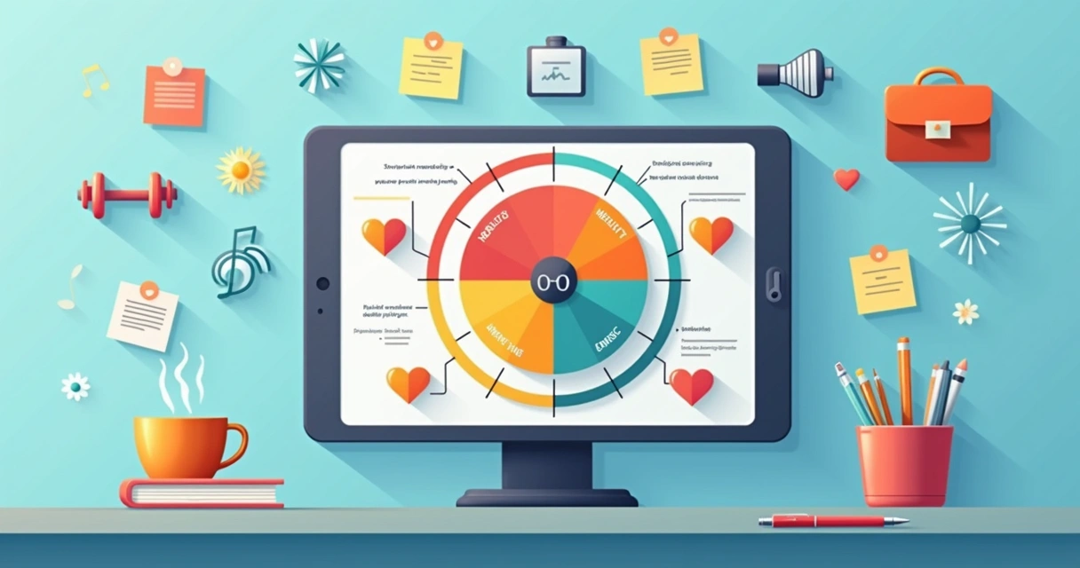 Life wheel split into personalized categories with different colors representing each area 