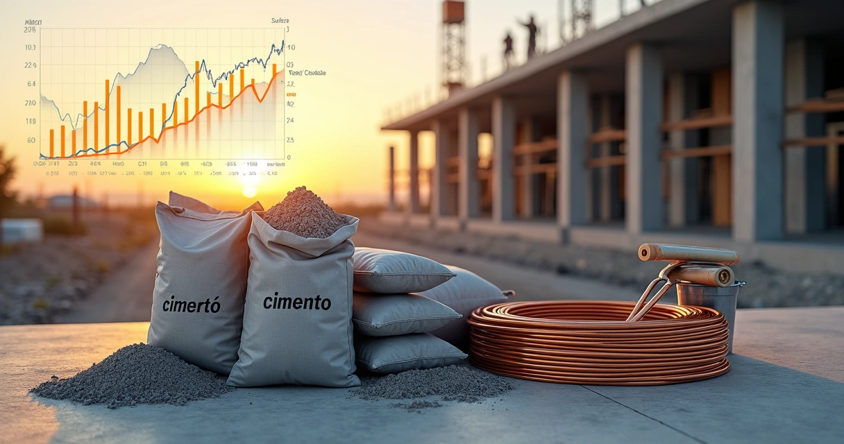 Gráfico de custos da construção com foco em cimento e fio de cobre em canteiro de obras 