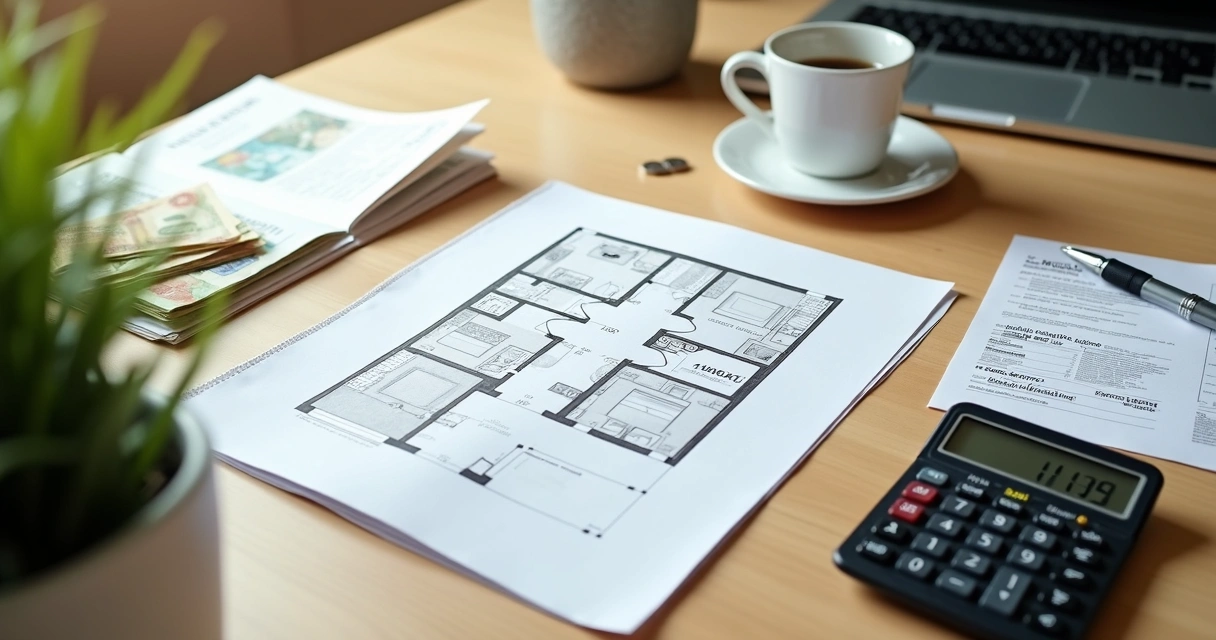 Mesa com planta de apartamento cercada por contas e calculadora destacando custos extras 