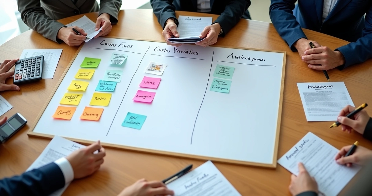 Quadro branco com post-its coloridos organizando custos fixos e variáveis