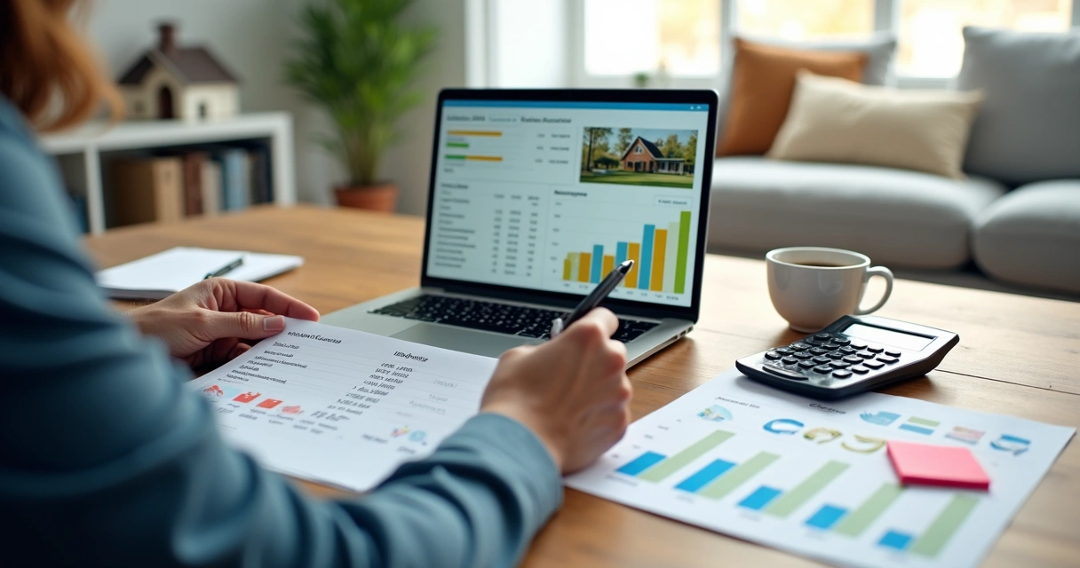 Investidor analisando custos invisíveis em imóvel de leilão na tela do computador 