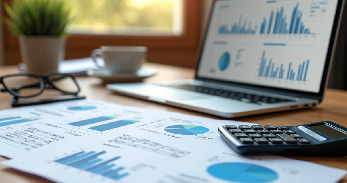 Mesa de trabalho com documentos, calculadora e laptop mostrando gráficos financeiros de uma empresa de turismo 