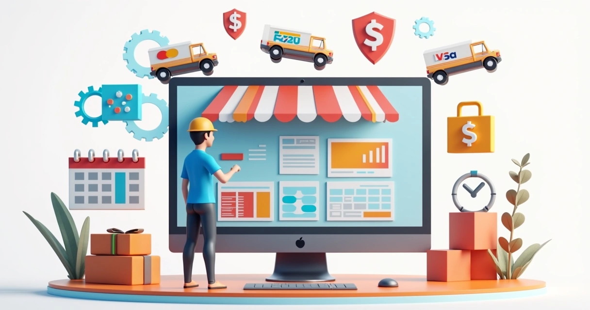 3D model mostrando uma loja virtual com elementos de custo, pagamento, integração e layout personalizados 