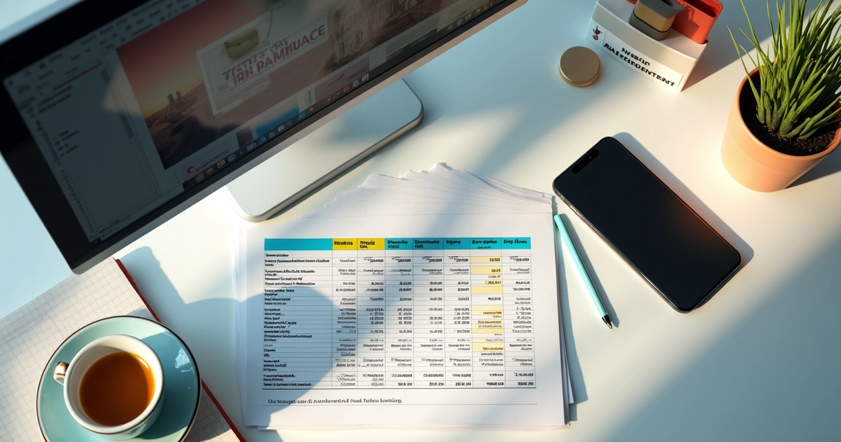 Planilha de custos e design de site aberto na tela 