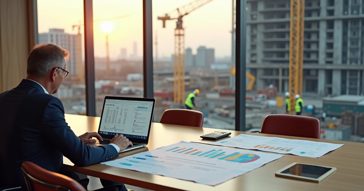 Diretor analisa contrato de software com ícones de custos extras de tecnologia e construção 