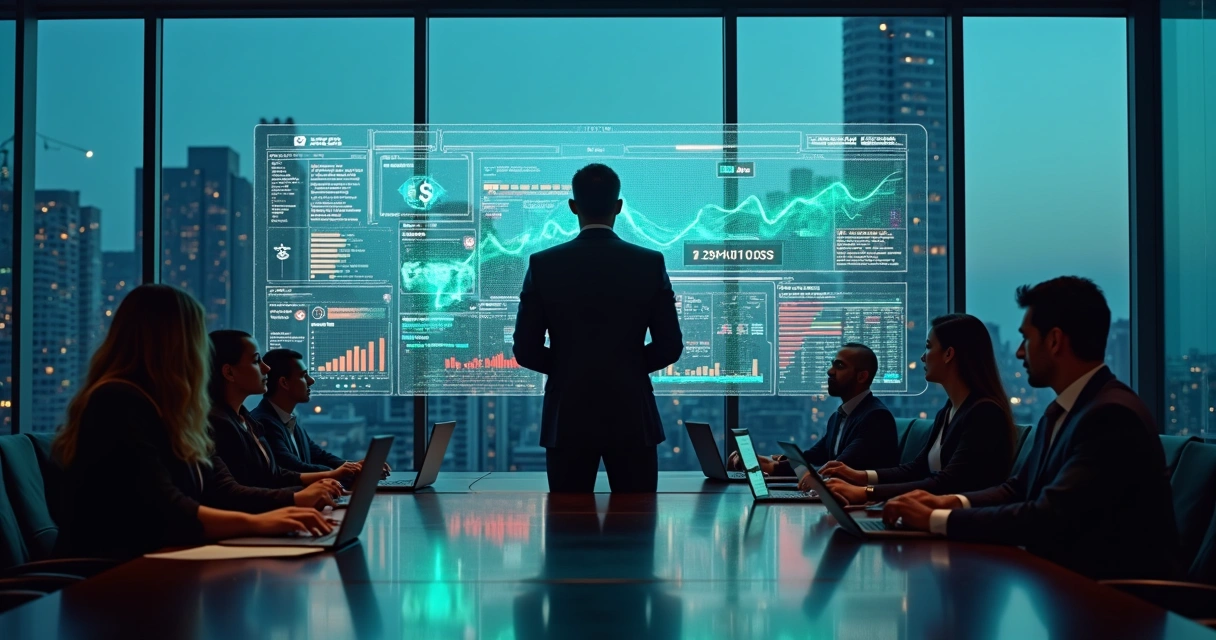 Executivo observa painel de IA com gráficos e custos ocultos em destaque 