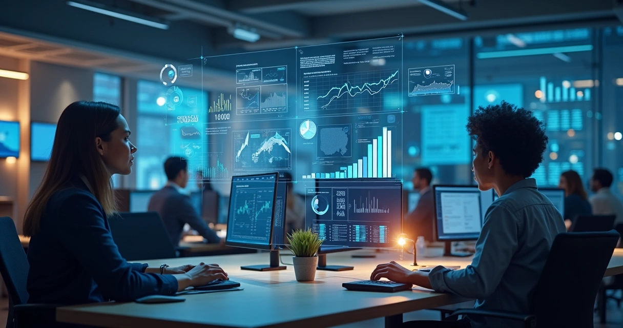 Colaboradores tecnológicos em ambiente de escritório moderno, gráficos financeiros e digitais sobrepostos mostrando análise de custos e rotatividade 