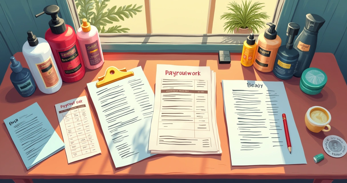 Itens de custos variados para salão de beleza, como produtos de cabelo, conta de luz e folha de pagamento, vistos juntos em uma mesa 