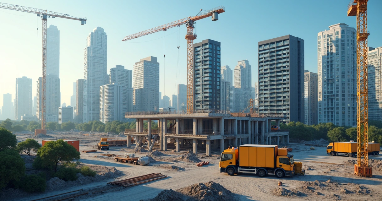 Vista aérea de uma área urbana com edifícios modernos e equipamentos de construção em destaque 
