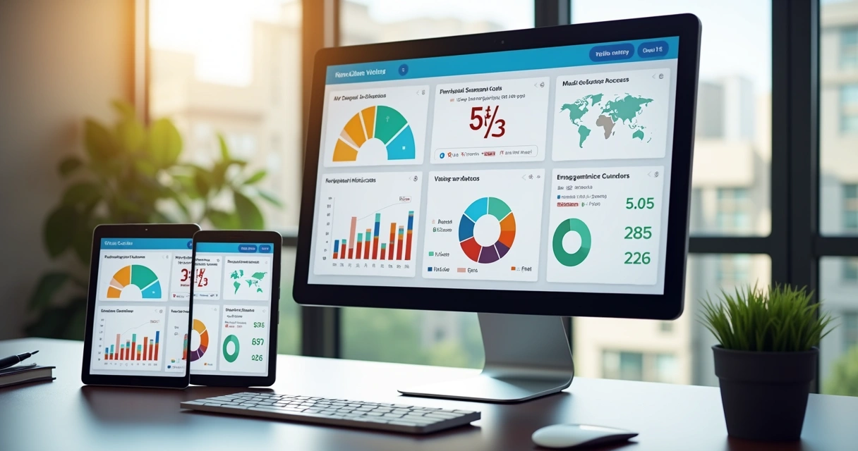 Tela de computador exibindo dashboard de votação online com gráficos de custos, acessos e engajamento em ambiente moderno de escritório 