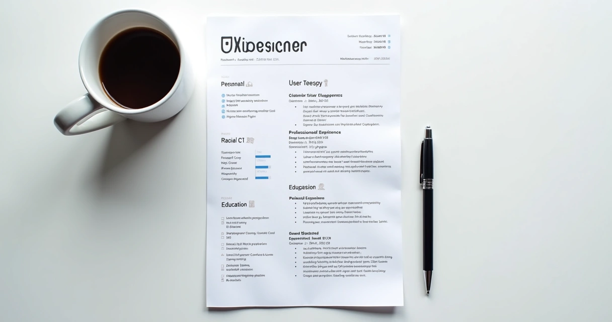 Currículo UX simples resumido em uma página, layout limpo, fundo branco 