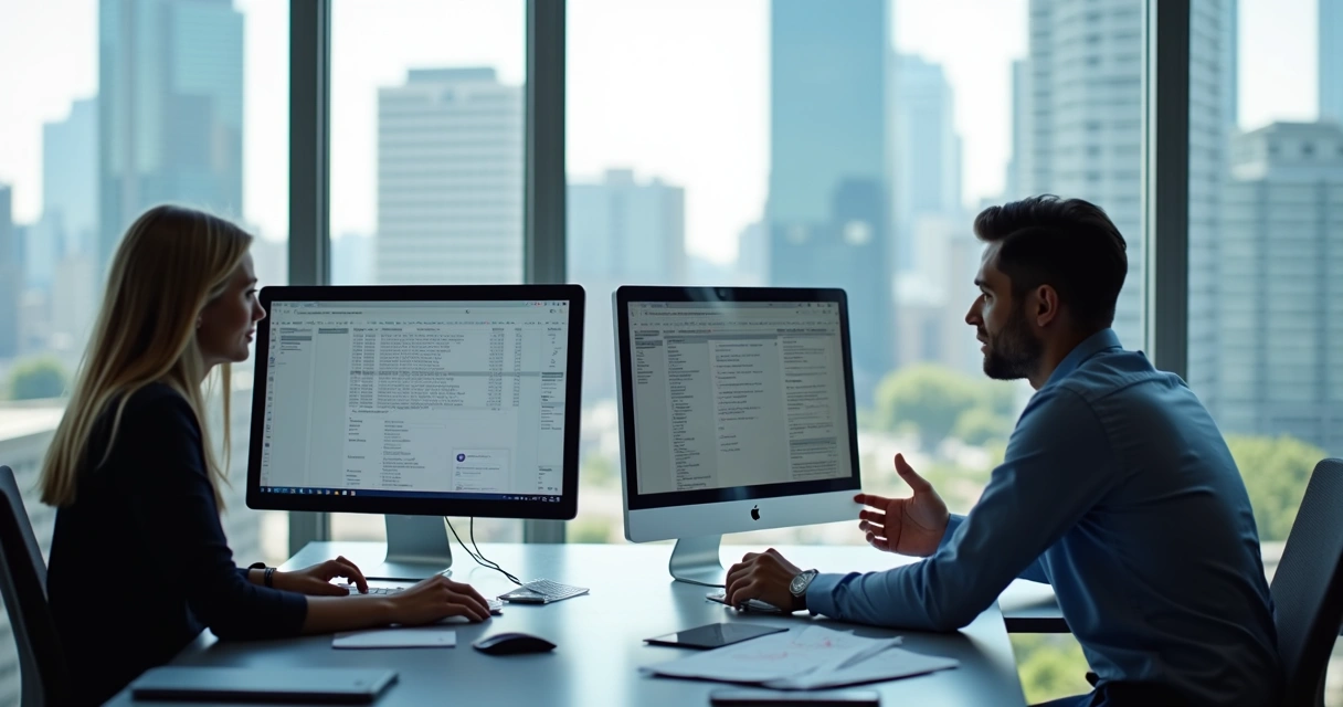 Duas pessoas analisando currículos em telas de computador, sentadas frente a frente numa mesa de escritório 