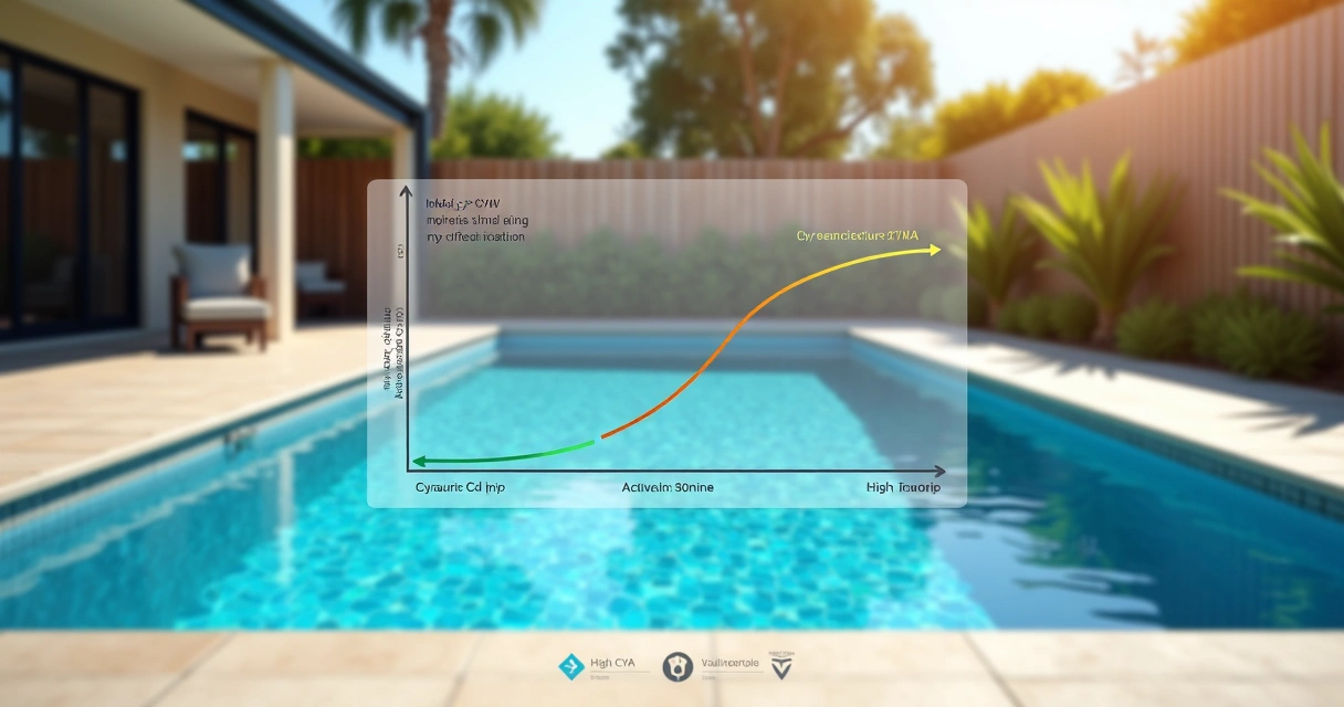 Backyard pool with overlay showing cyanuric acid and chlorine balance chart 