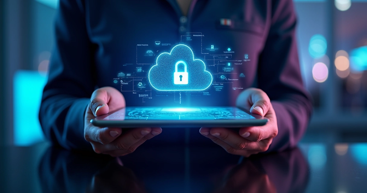 Secured data cloud icon over transparent tablet 