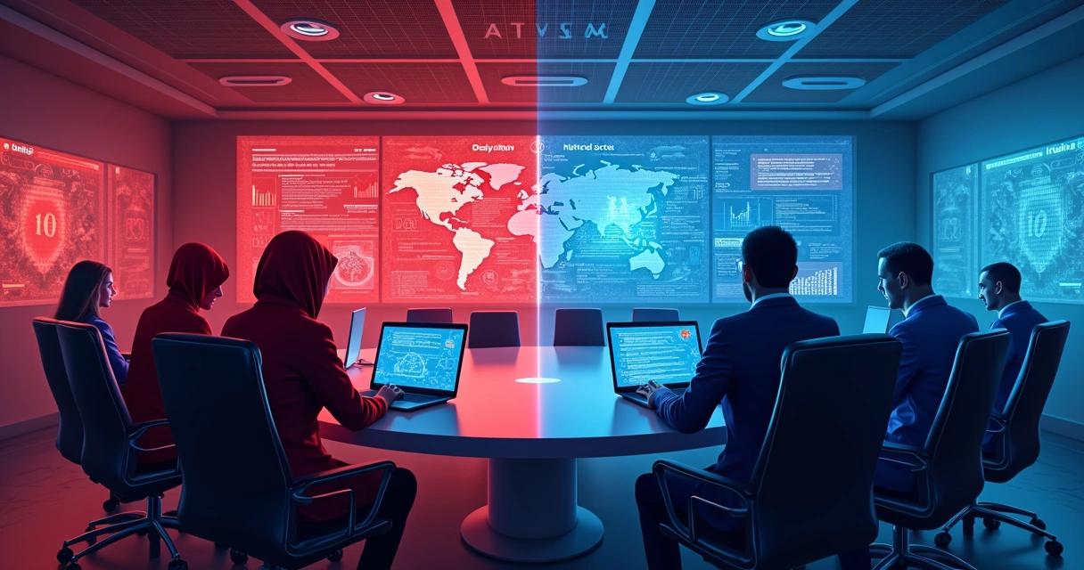 Red and blue team members face each other with digital screens showing attack and defense tactics 