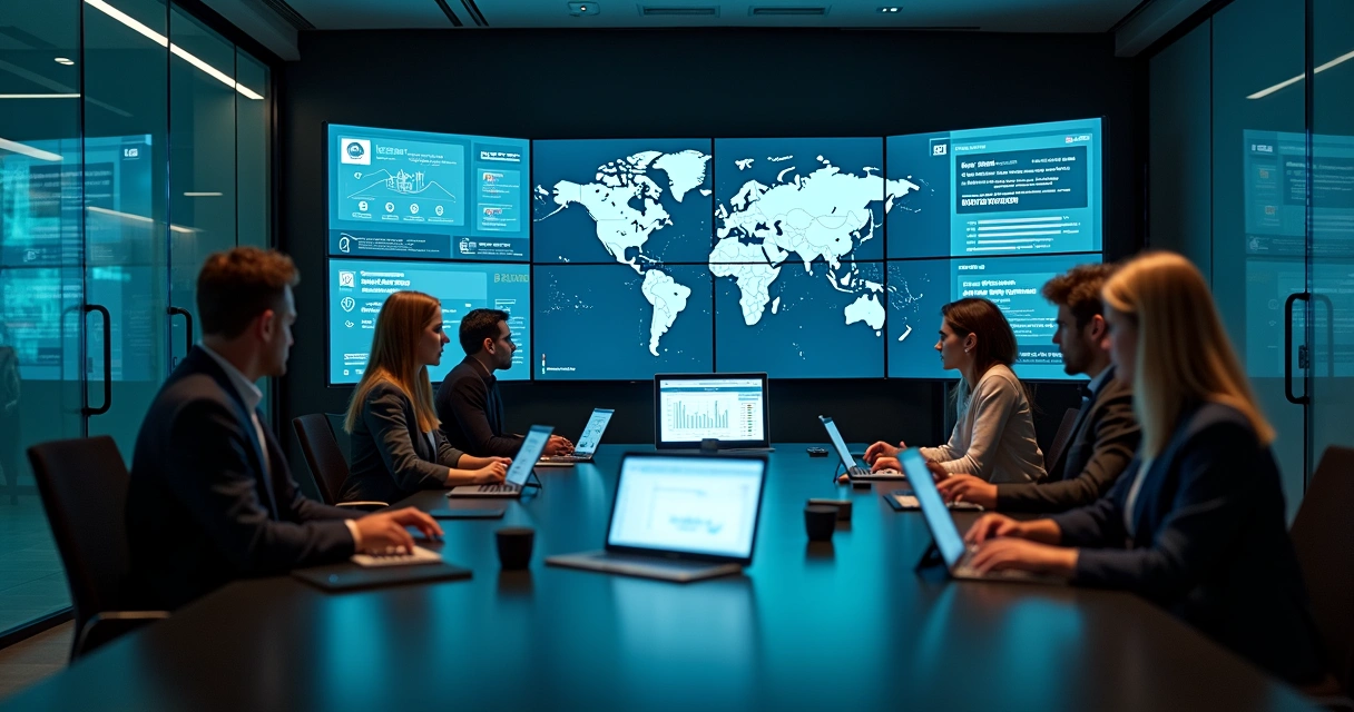 Cyber forensic startup team collaborating in digital war room with global threat map 