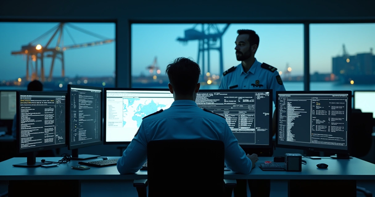 Forensic IT specialist works with police in a modern control room 