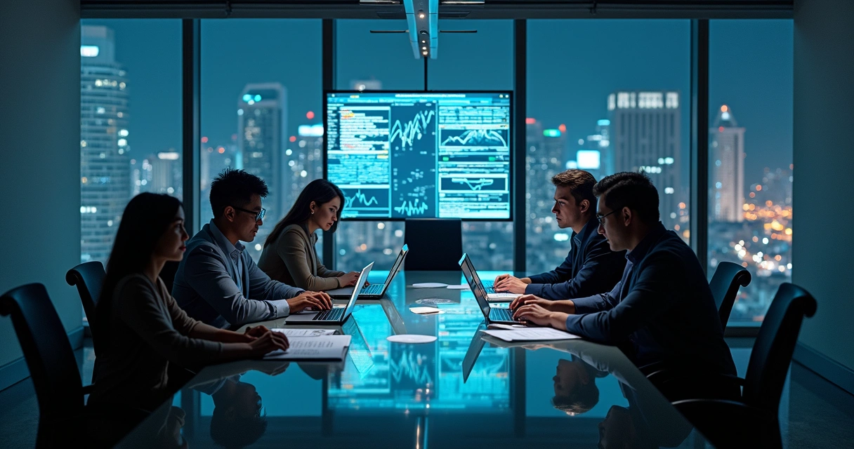 Cyber forensics team collaborating in modern office 