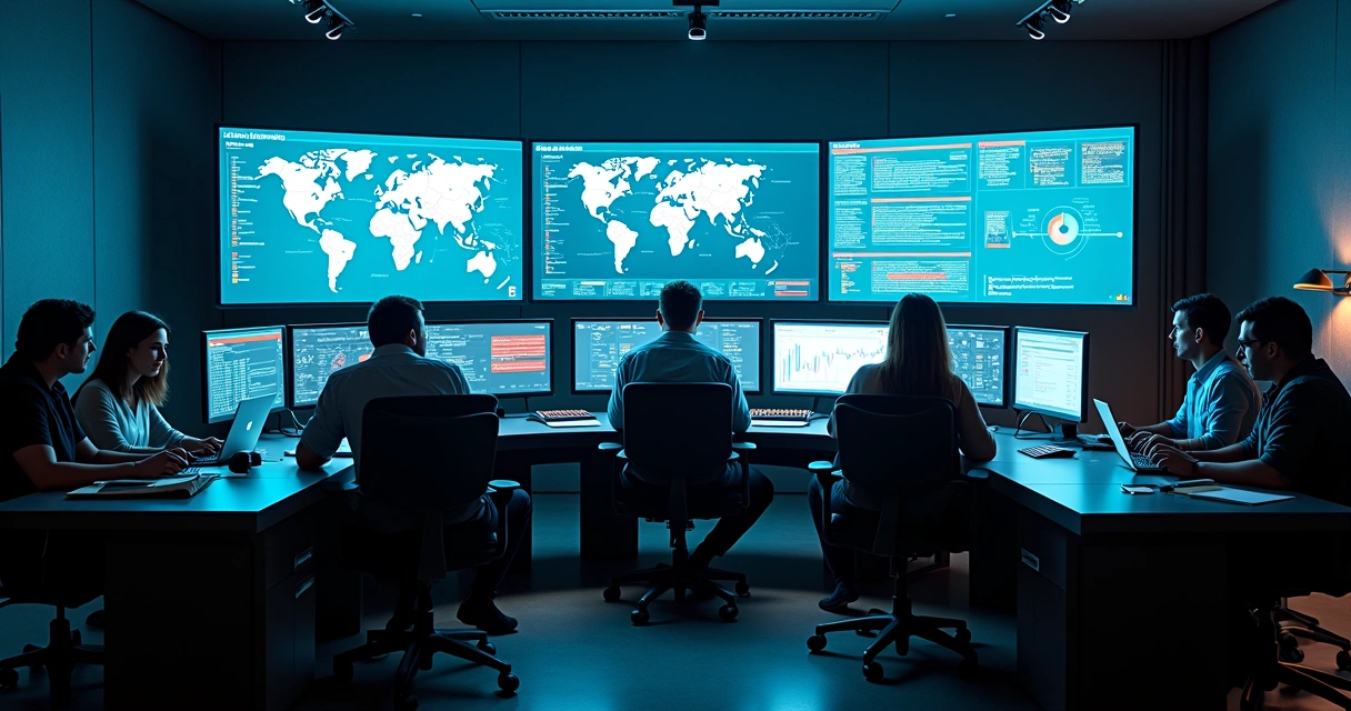 Security team in dim war room analyzing large cyber incident dashboard 