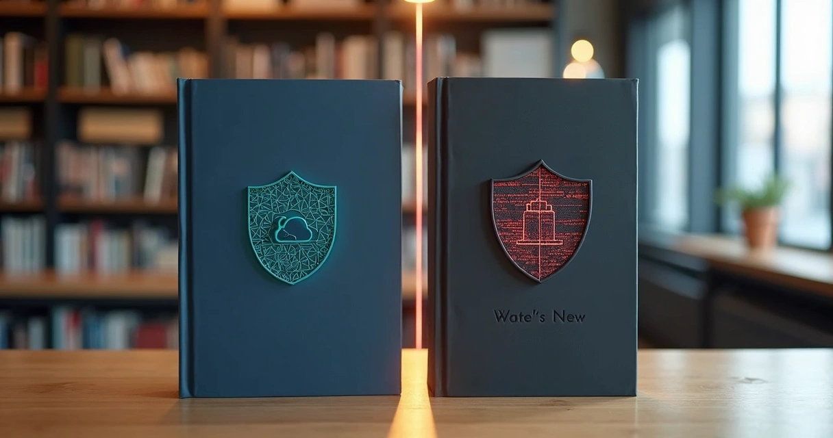 Two contrasting digital insurance guides in a modern tech bookstore 