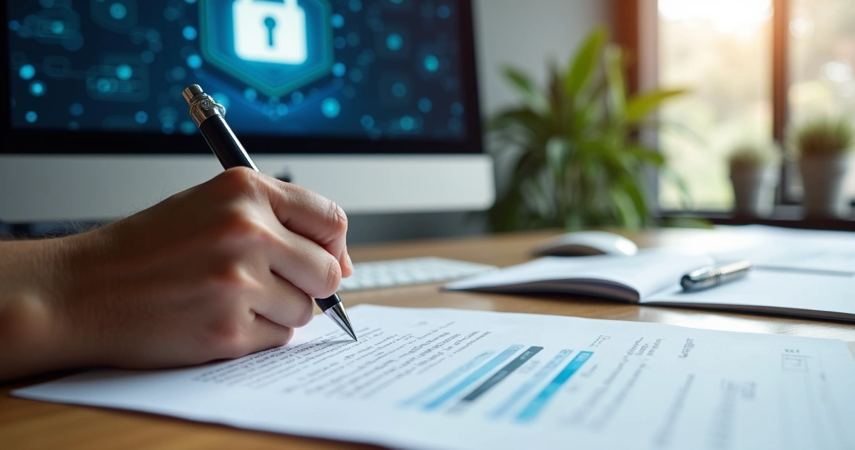 Hands signing a cyber insurance policy document with computer and digital padlock in the background 