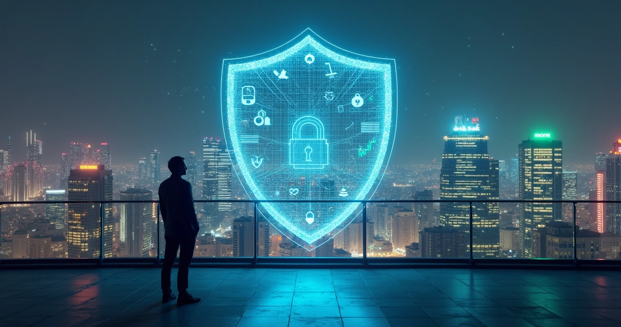 Oversized transparent digital shield protecting a modern city skyline at night 