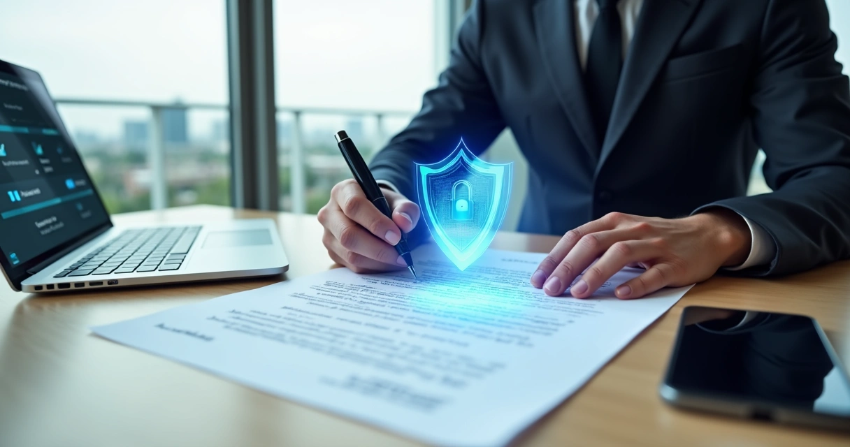Lawyer signing digital contract with holographic cyber shield overlay 