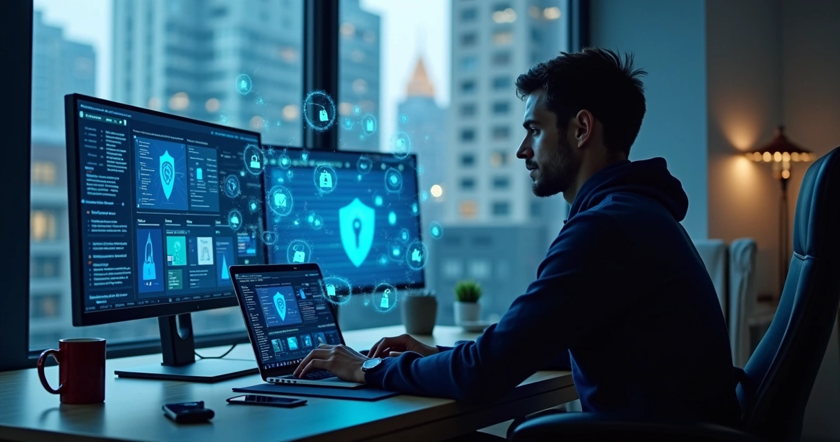 Cybersecurity analyst working at a laptop in a modern home office with digital security icons displayed around 
