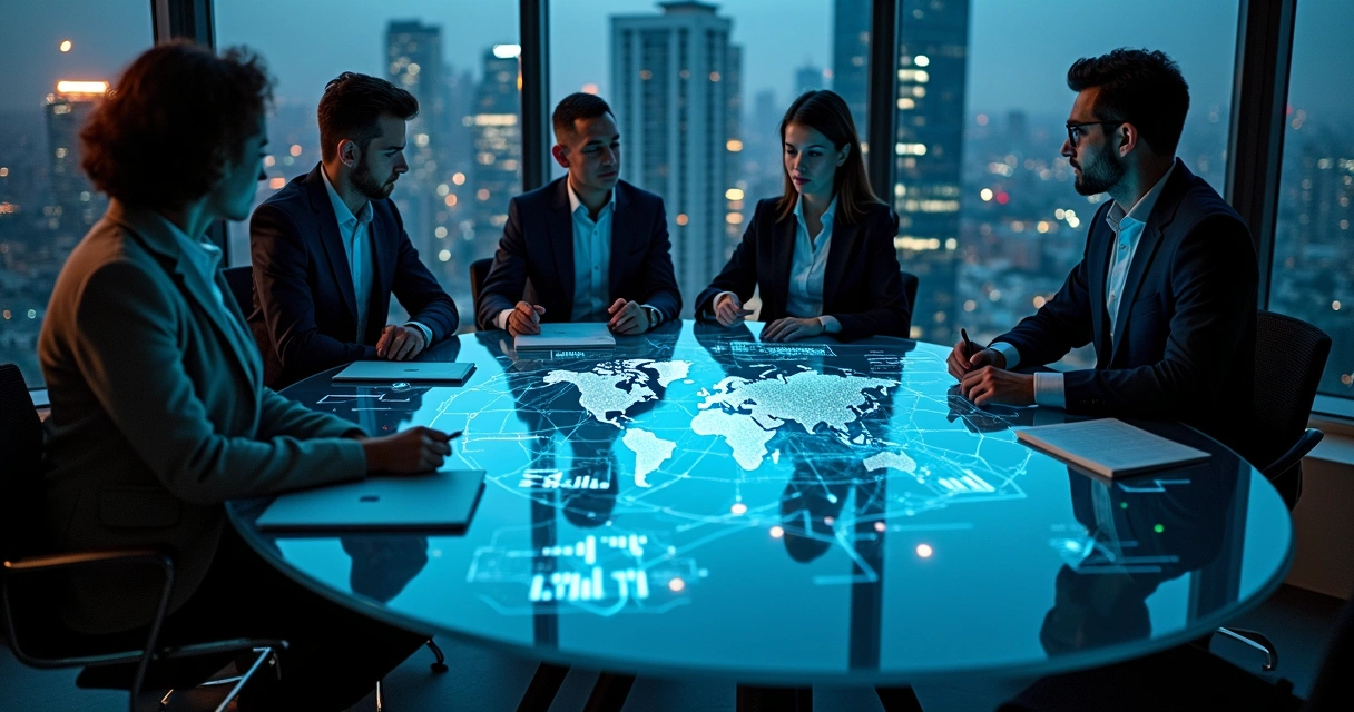 Angel investors analyzing cybersecurity startup data around digital table 